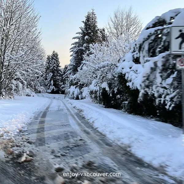 Snow-covered road in West Vancouver during winter