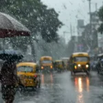People walking through a rainy city street with umbrellas