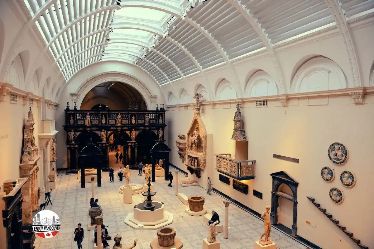 Spacious indoor museum gallery with exhibition displays