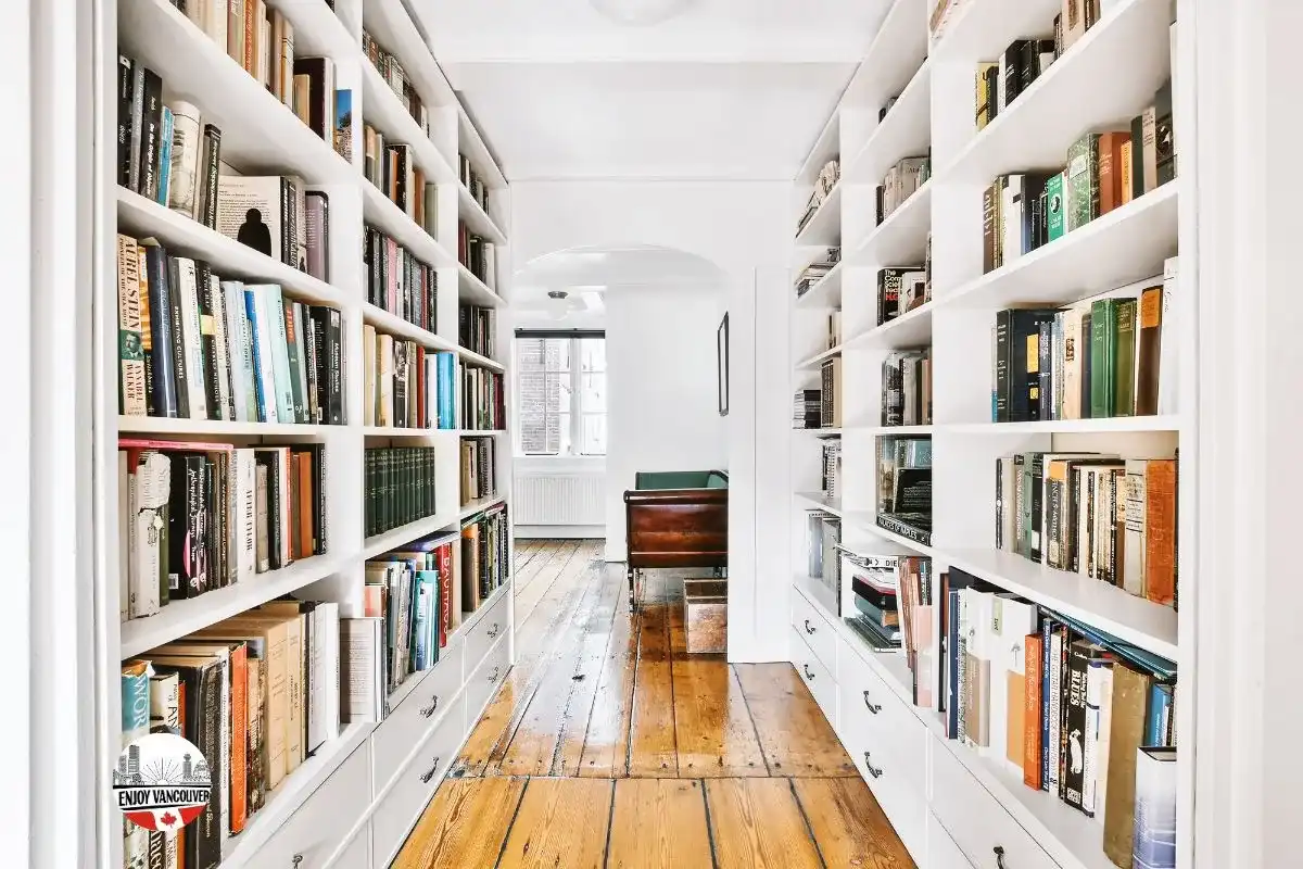Modern library interior with bookshelves and reading areas