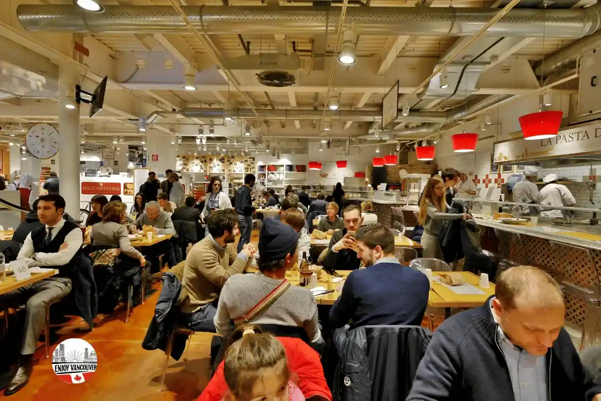 Cozy indoor food market with bakery and specialty food stalls
