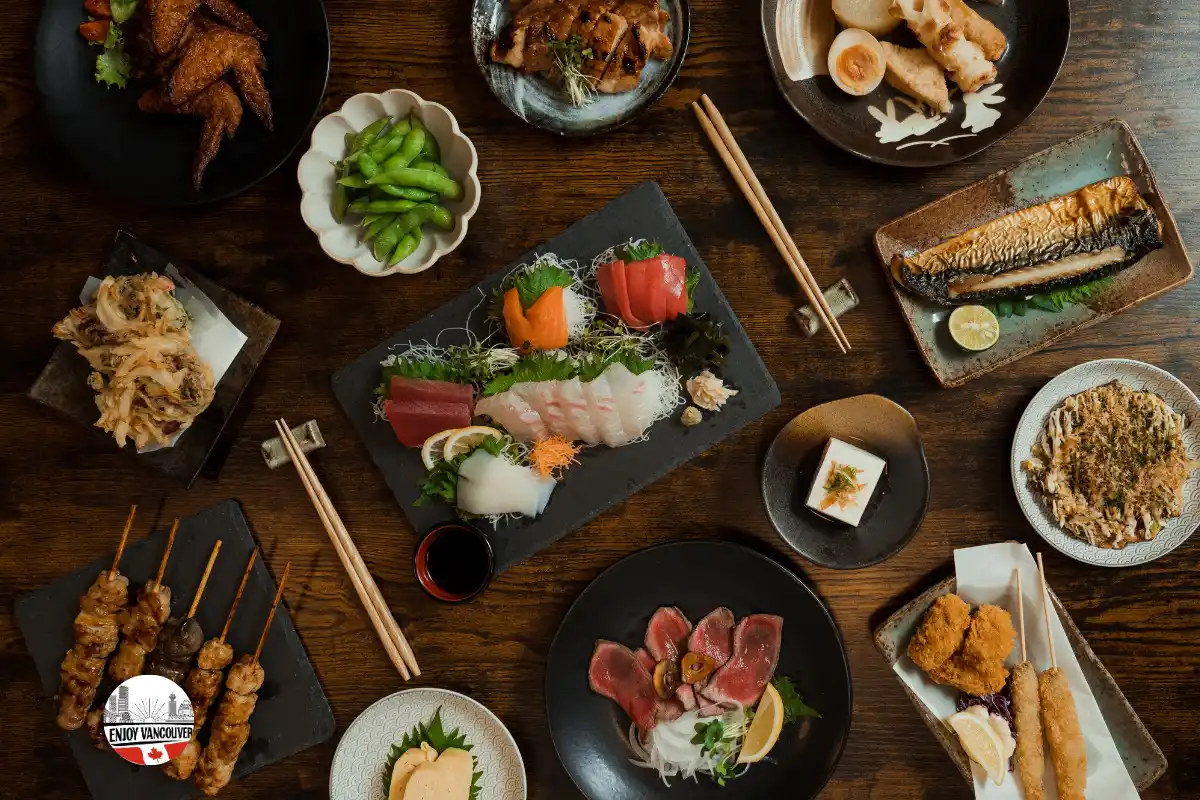 Japanese small plates arranged across a table for sharing